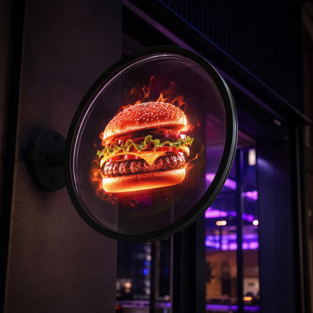 Enseigne 3D holographique avec animation produit pour restaurant et snack